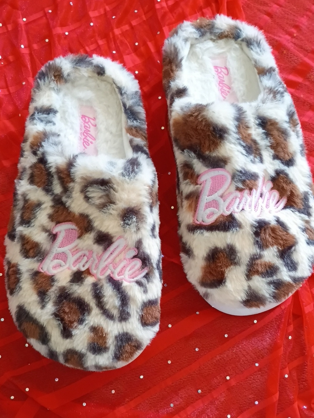 Barbie Leopard Print Fuzzy Slip-On Slippers in Brown, Cream & Pink